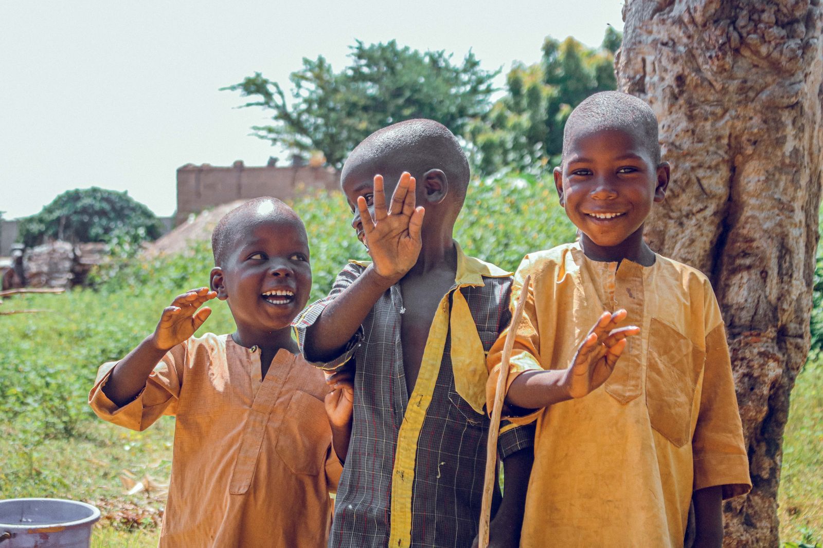 Three boys laughing together under a tree