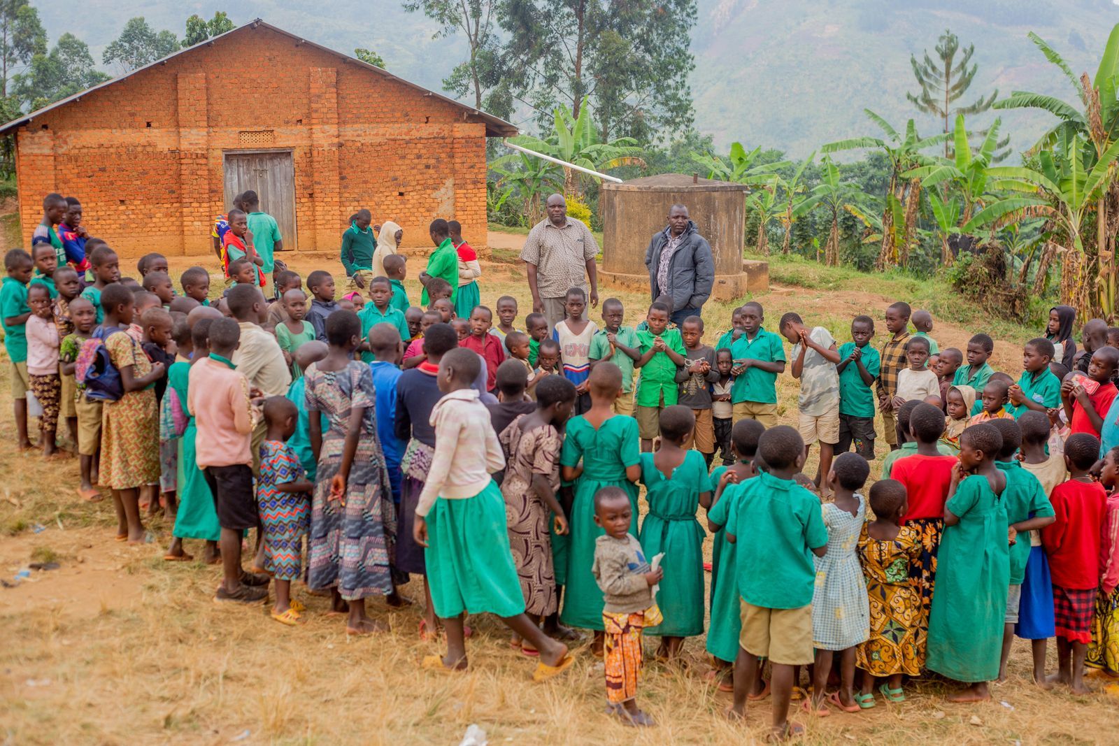 Children gathered outside their church